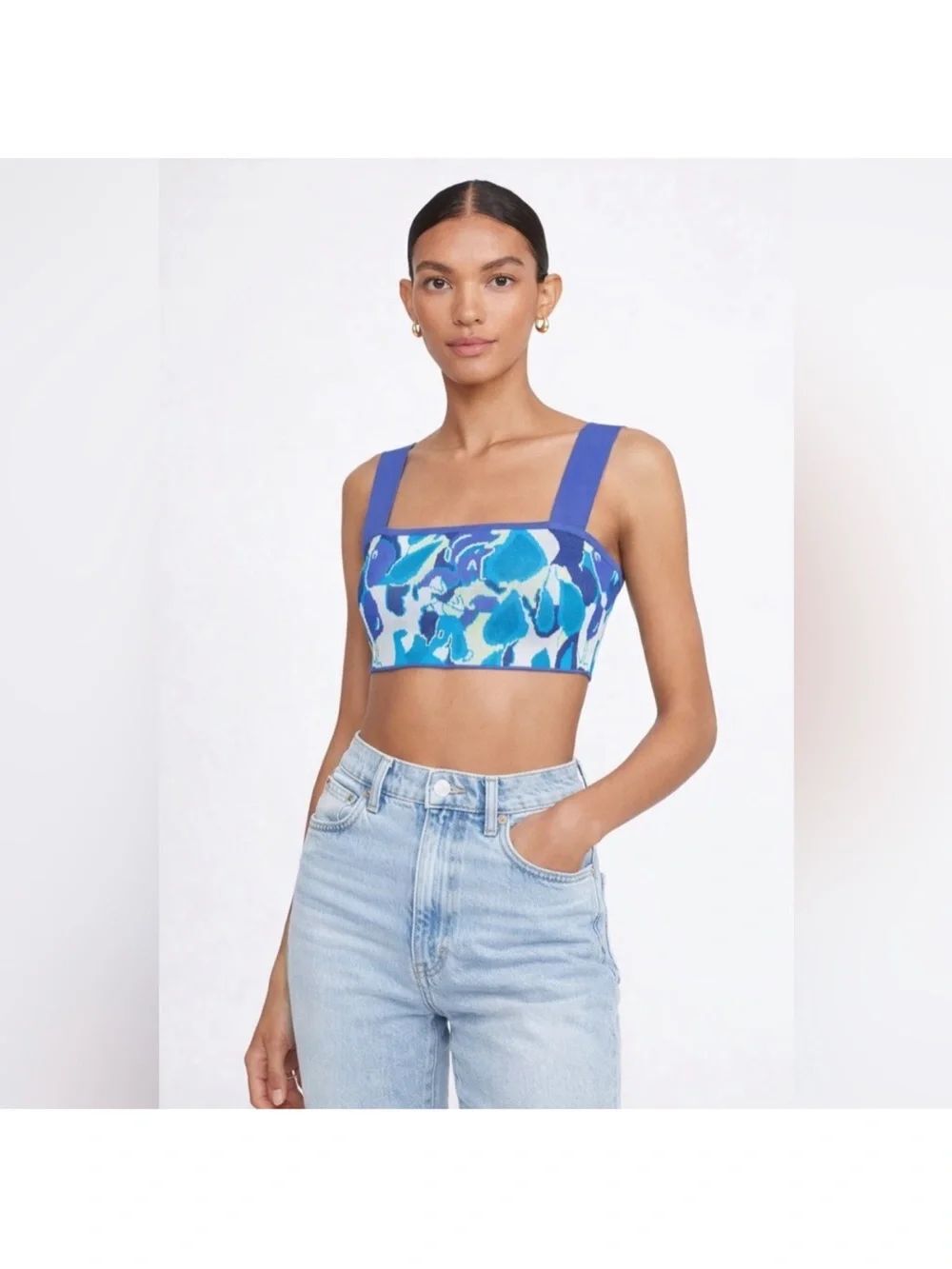 Staud Zola Shoulder strap leaf print crop top blue $164